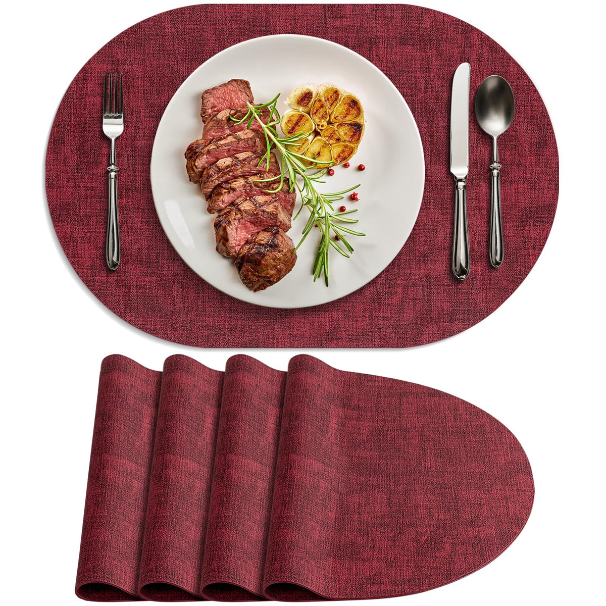 Faux Leather Oval Placemats Set of 6, Beige