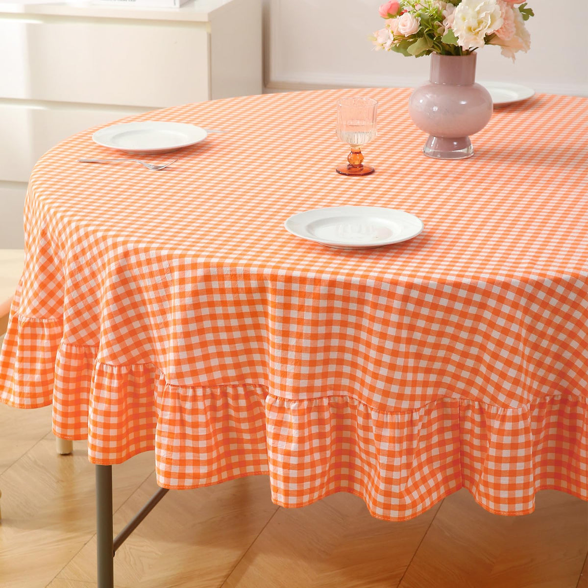 Taupe White Gingham Ruffled Tablecloth 120"x60"