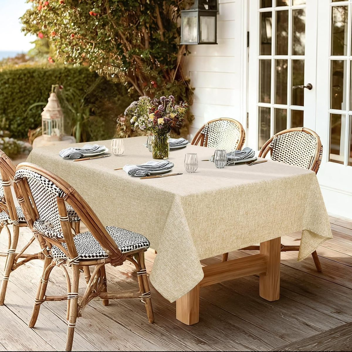 JIUZHEN Faux Linen Rectangle Tablecloth, Wrinkle Stain Resistant Farmhouse Textured Table Cloth Decorative Fabric for Kitchen, Dining, Party, Wedding,Outdoor Use,90 x 132 Inch,Beige