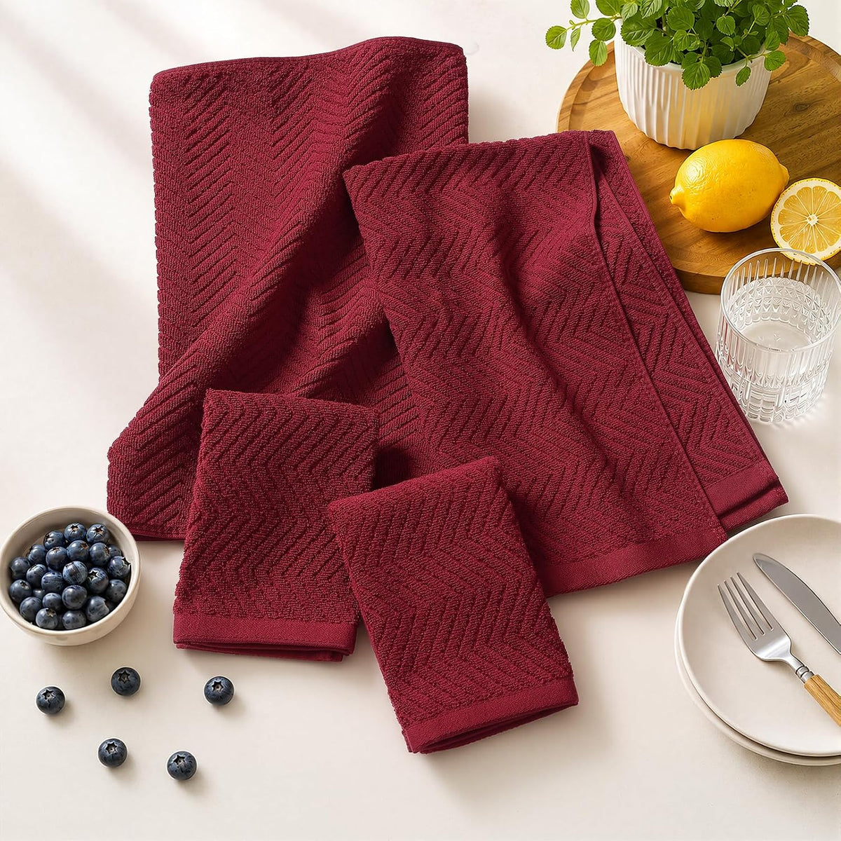 Homaxy 8 Pack 100% Cotton Kitchen Towels and Dishcloths Set, Burgundy