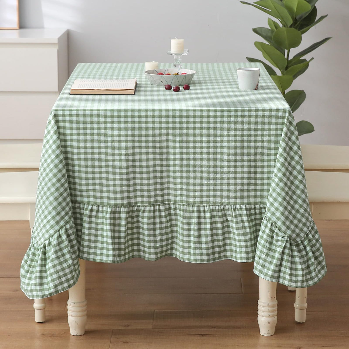 Taupe White Gingham Ruffled Tablecloth 120"x60"