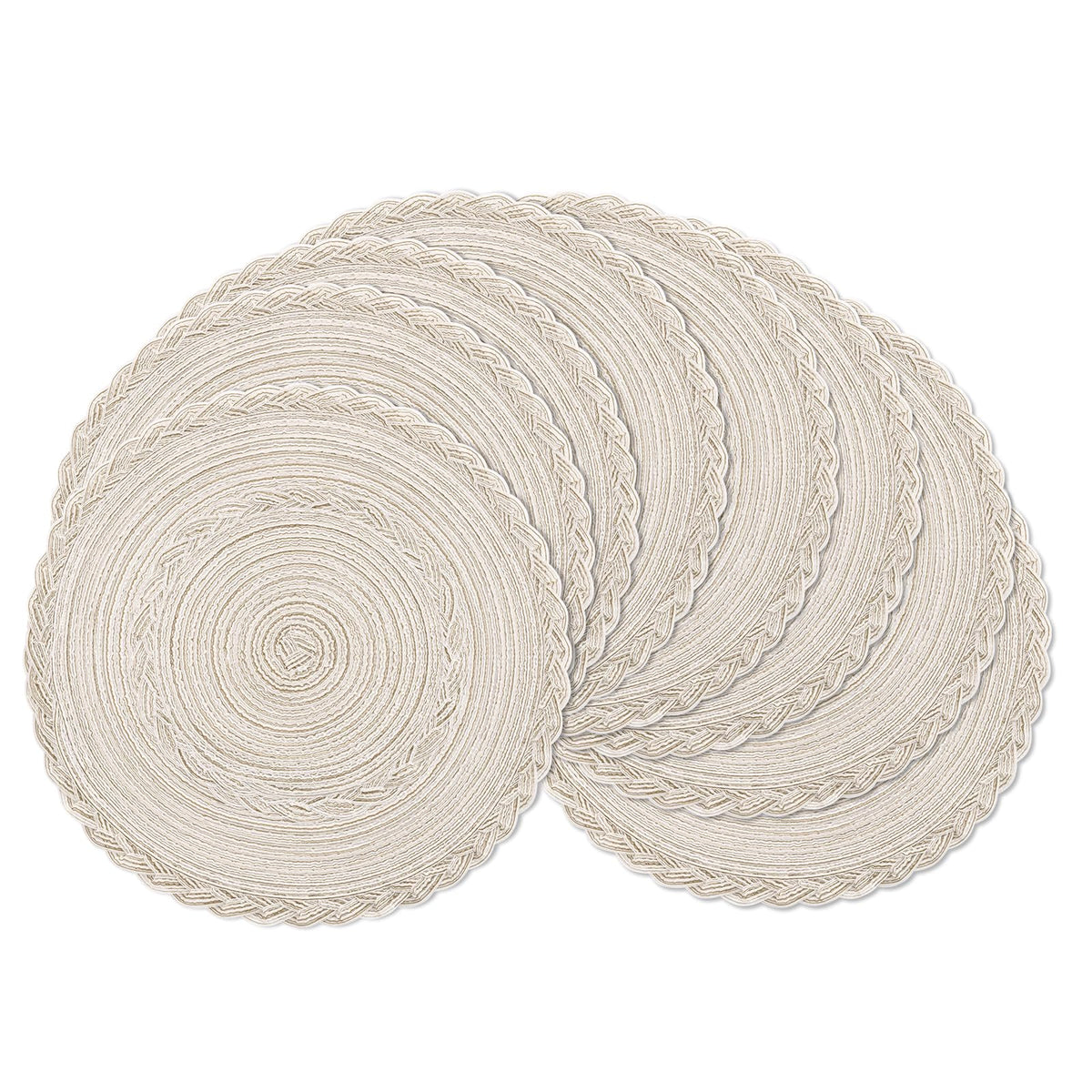 SHACOS 15 inch Round Placemats Set of 6, Cotton Polyester Woven Braided Place Mats, Washable Heat Resistant Circle Table Mats for Dining Table (Beige, 6)