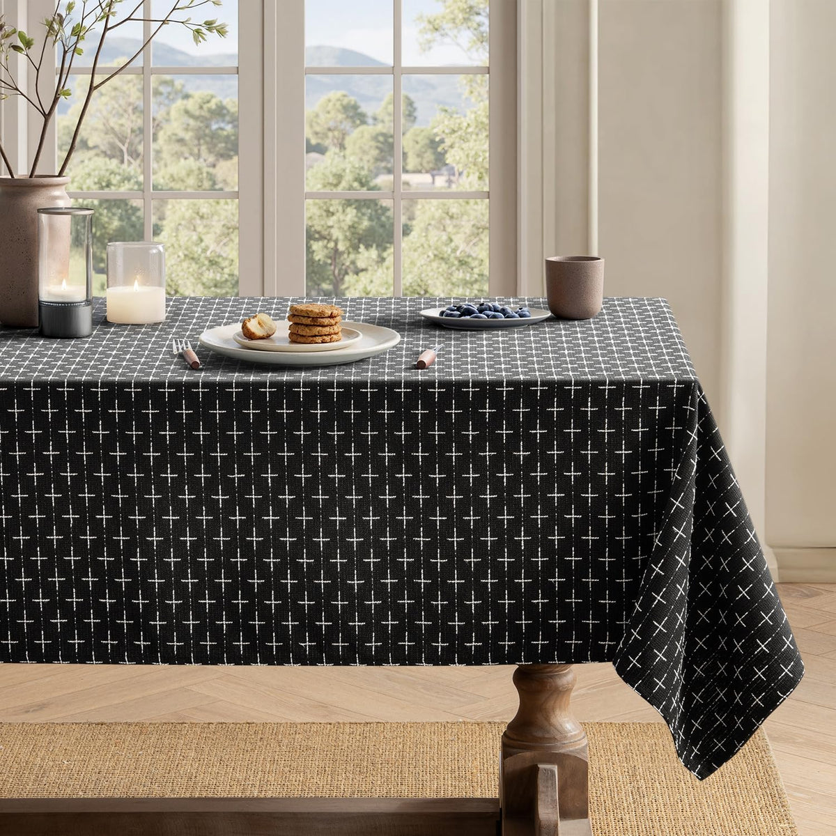 MIULEE Navy Blue Rectangle Cross-Star Textured Table Cloth 60x84 Inch