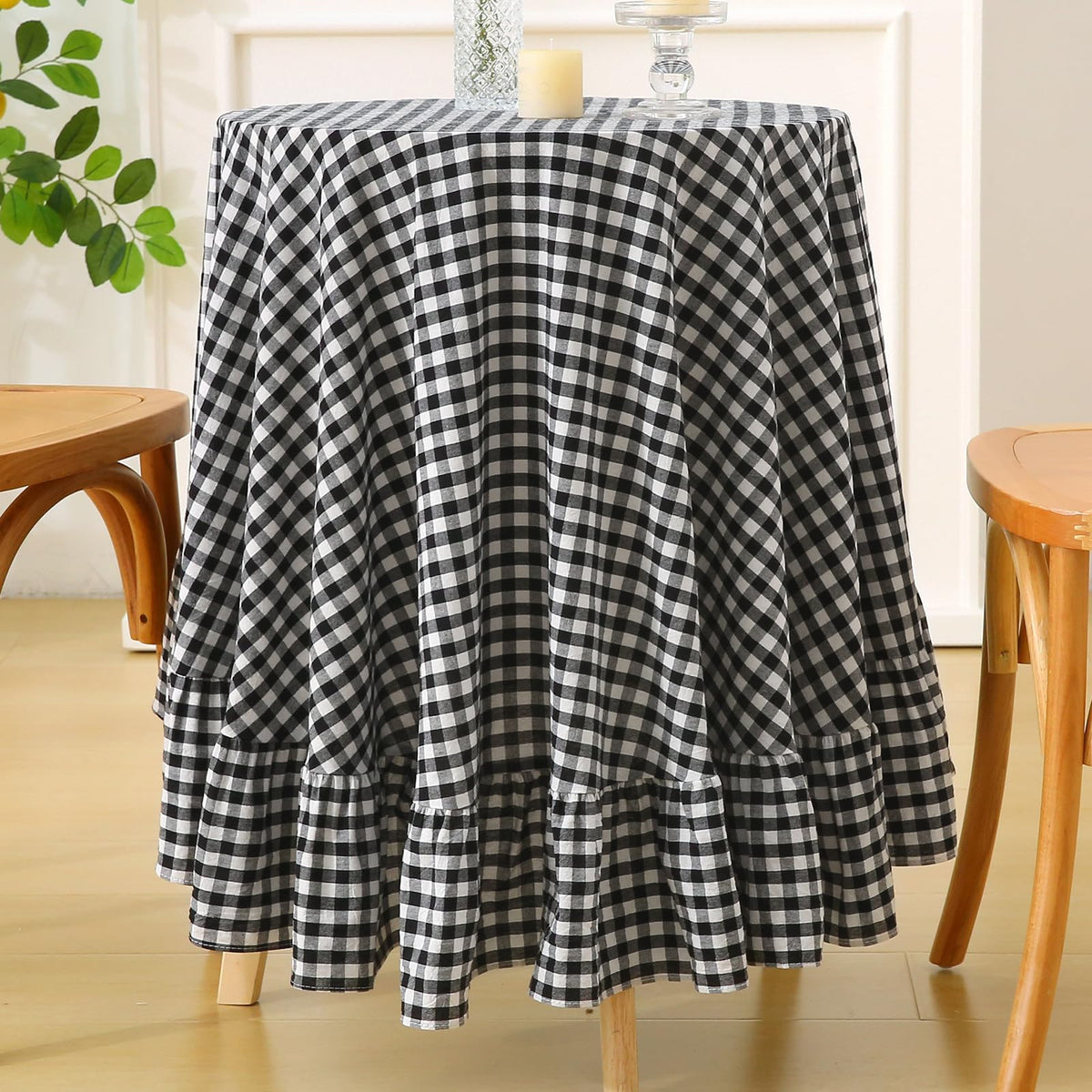 Taupe White Gingham Ruffled Tablecloth 120"x60"