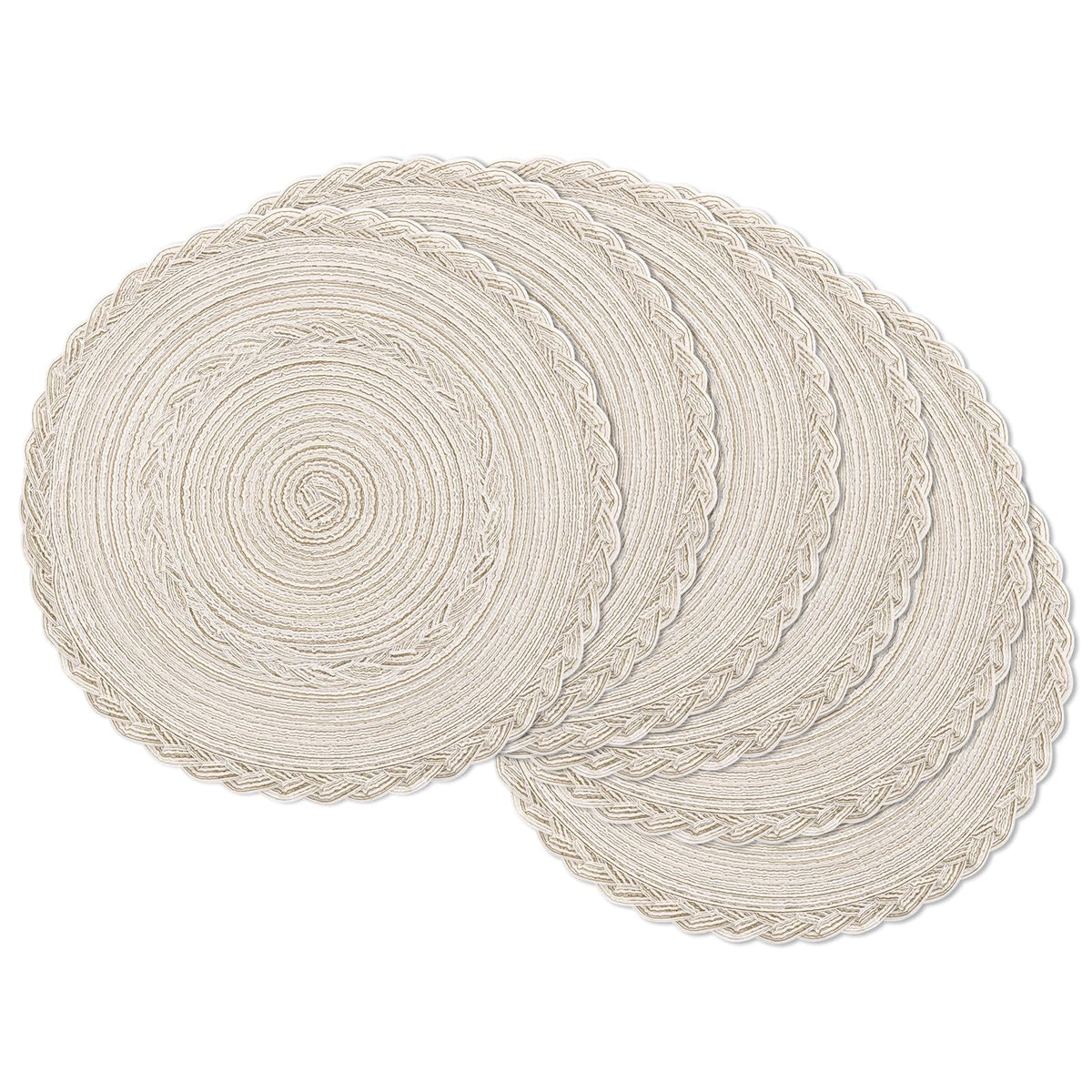 SHACOS 15 inch Round Placemats Set of 6, Cotton Polyester Woven Braided Place Mats, Washable Heat Resistant Circle Table Mats for Dining Table (Beige, 6)