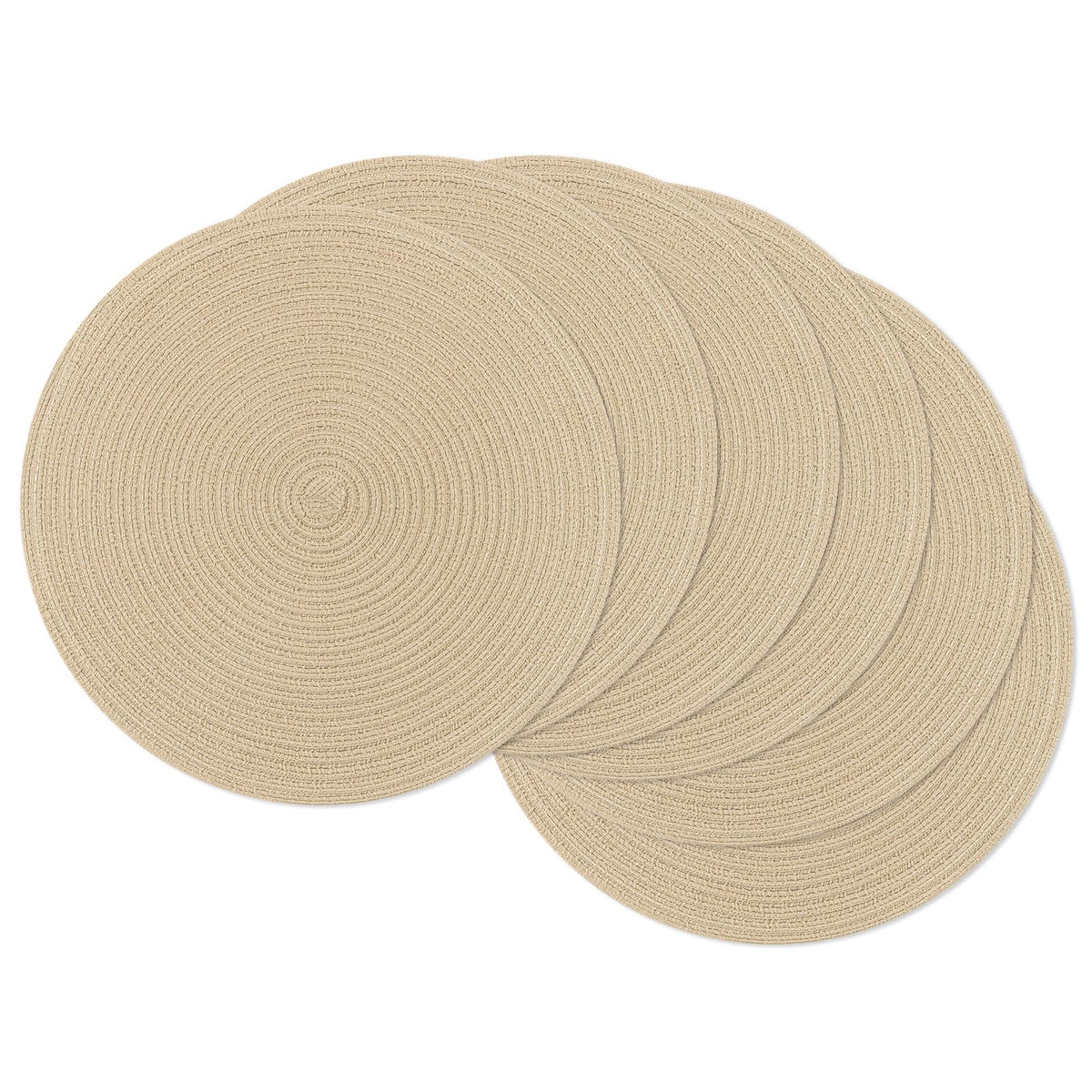 SHACOS 15 inch Round Placemats Set of 6, Cotton Polyester Woven Braided Place Mats, Washable Heat Resistant Circle Table Mats for Dining Table (Beige, 6)