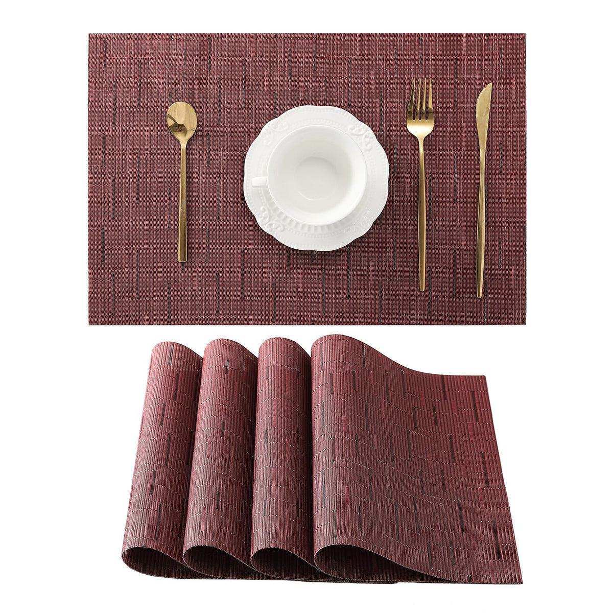 Beige Placemats Set of 8 - Heat-Resistant, Non-Slip Table Mats, Washable Woven Vinyl for Indoor & Outdoor Dining
