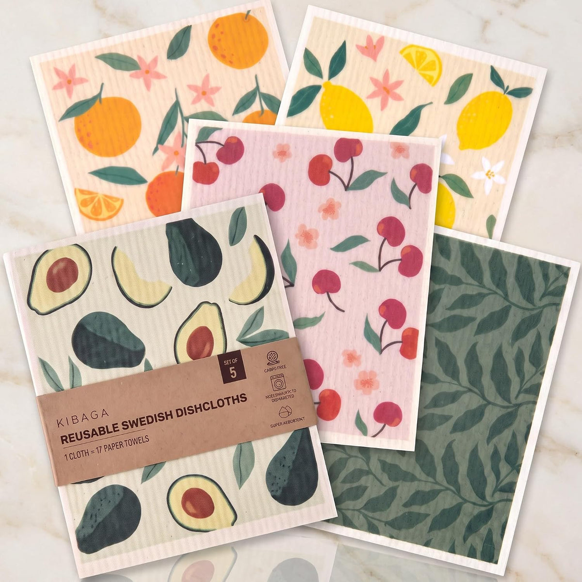 KIBAGA Beautiful Swedish Dishcloths for Kitchen Set of 5