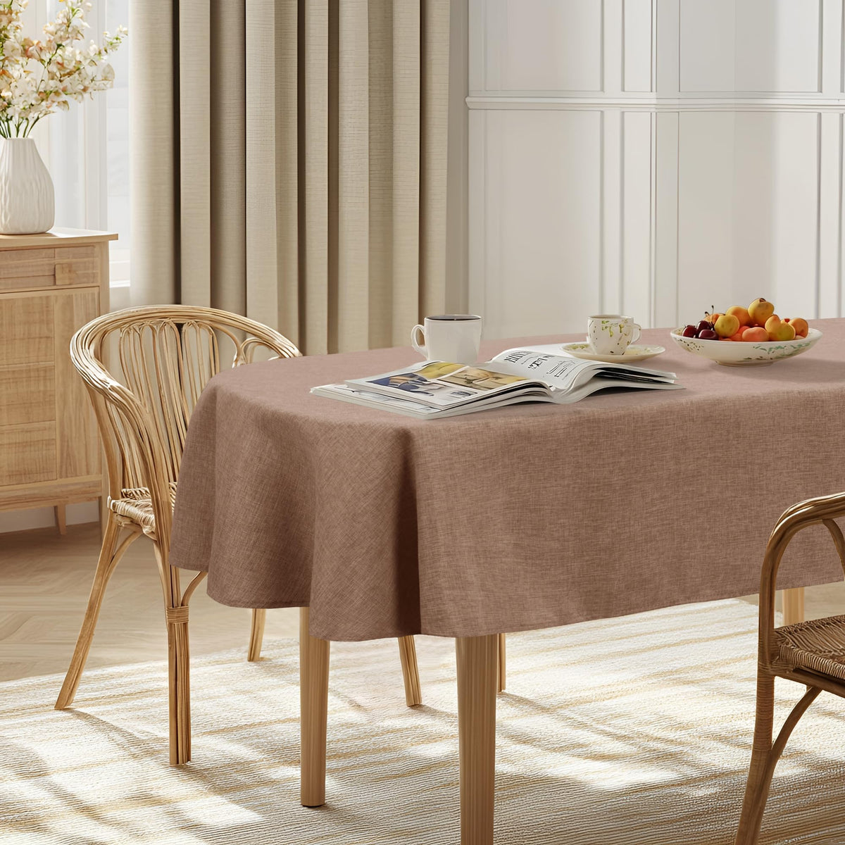 JIUZHEN Faux Linen Rectangle Tablecloth, Wrinkle Stain Resistant Farmhouse Textured Table Cloth Decorative Fabric for Kitchen, Dining, Party, Wedding,Outdoor Use,90 x 132 Inch,Beige
