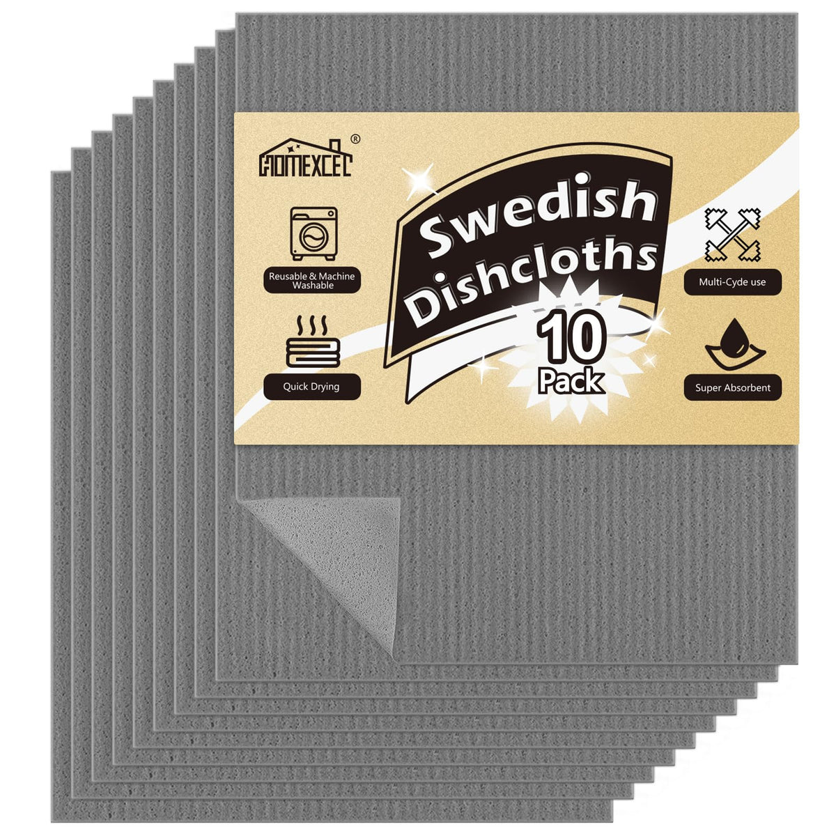 HOMEXCEL 10PK Swedish Dishcloths for Kitchen, Absorbent Dish Cloths, 7x6in