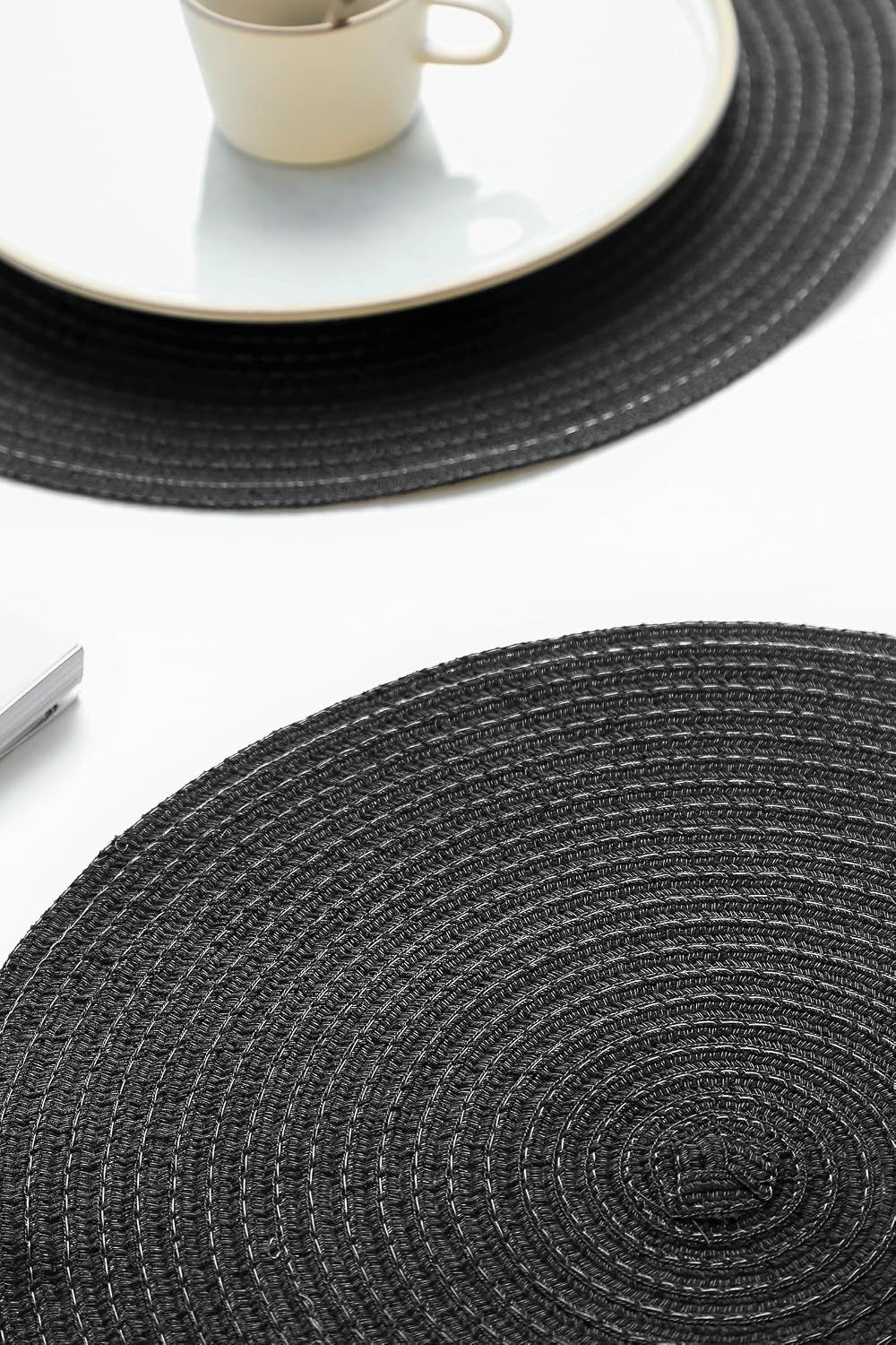 Floroom 15 Inch Round Braided Placemats Set of 4, Washable Heat Resistant Cotton Polyester Circle Place Mats for Kitchen Dining Table - Black