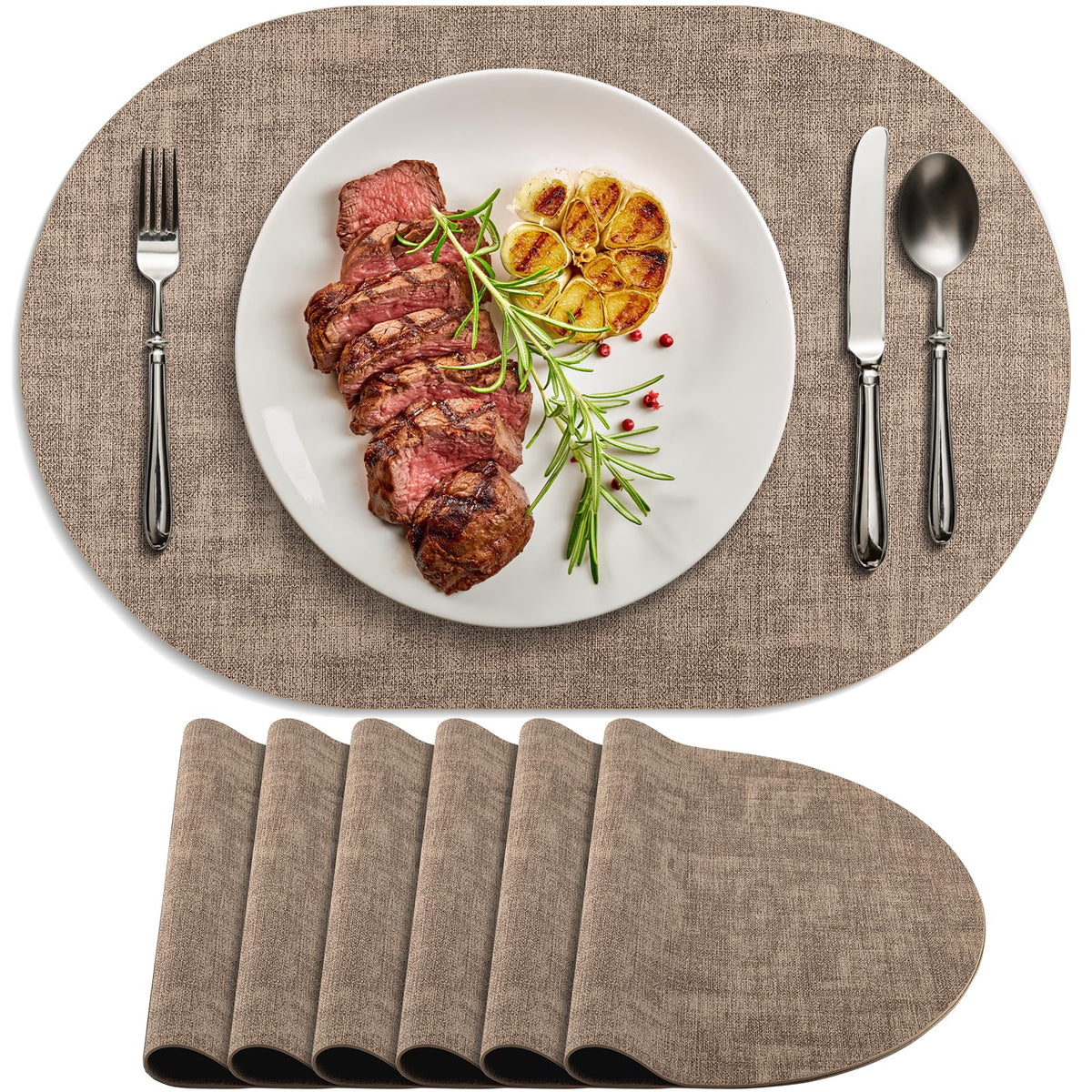 Faux Leather Oval Placemats Set of 4, Beige