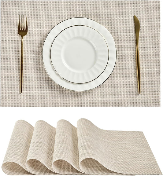 Beige White Placemats Set of 4 - Heat Resistant Non-Slip Place mats for Dining Table, Washable Durable PVC Vinyl Woven Table Mats(Beige White, 4)