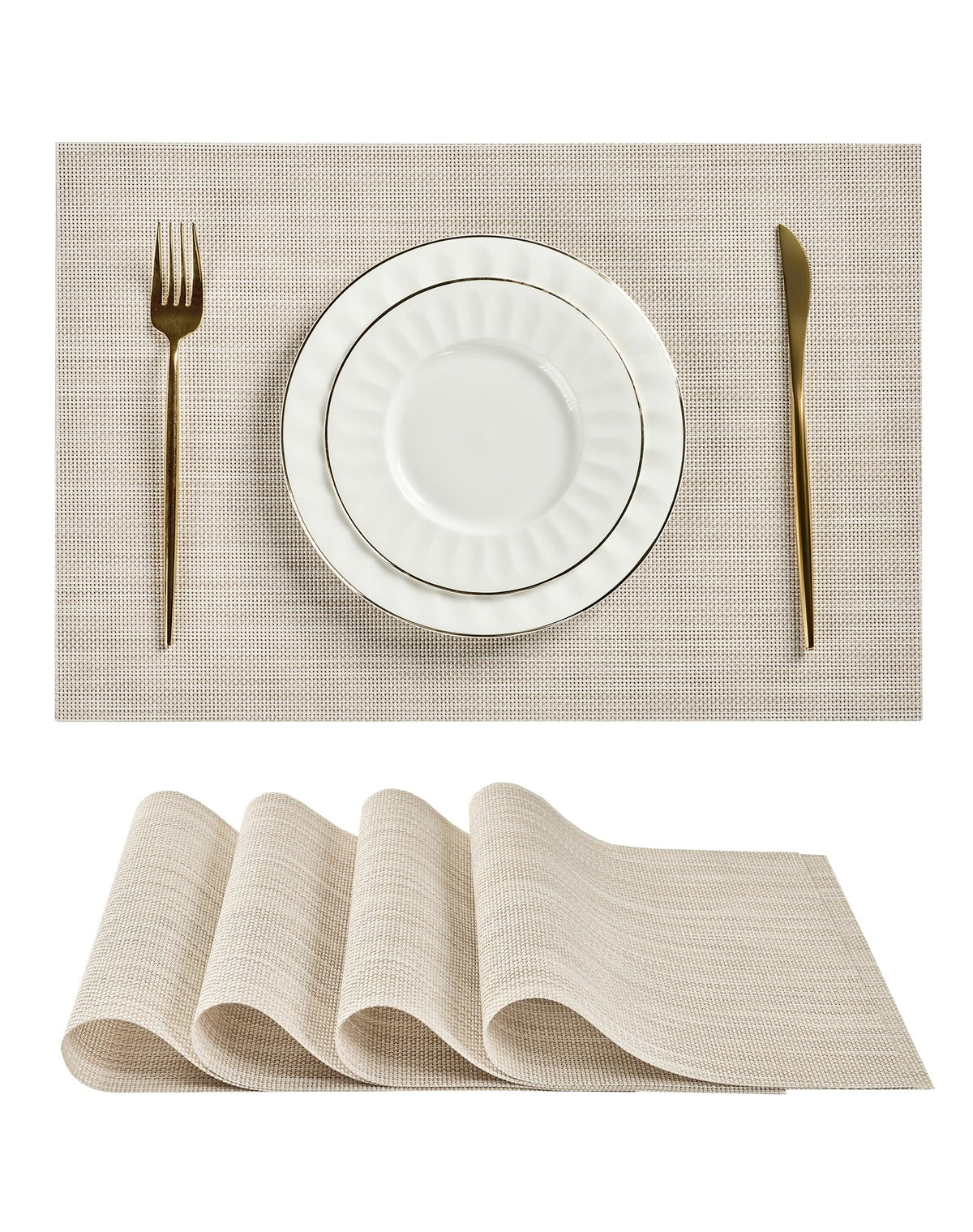 Beige Placemats Set of 6 - Heat-Resistant, Non-Slip Table Mats, Washable Woven Vinyl for Indoor & Outdoor Dining