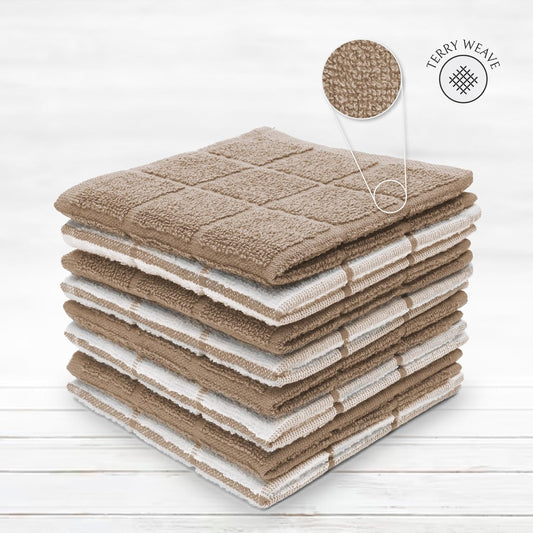 100% Cotton Terry Dish Cloth & Dish Towel, 8 Pack, Super Soft and Absorbent Kitchen Towels, Perfect for Kitchen Cleaning and Dish Washing (TAN (Solid and Checks) 8 Pack)