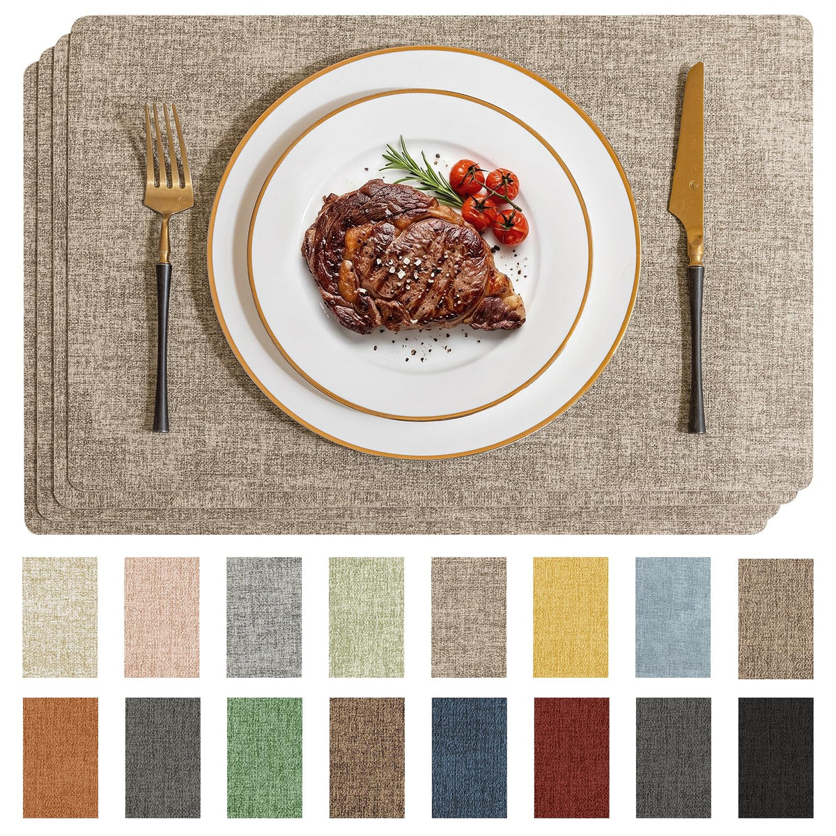 Romanstile Faux Leather Vinyl Placemats Set of 6, Light Grey