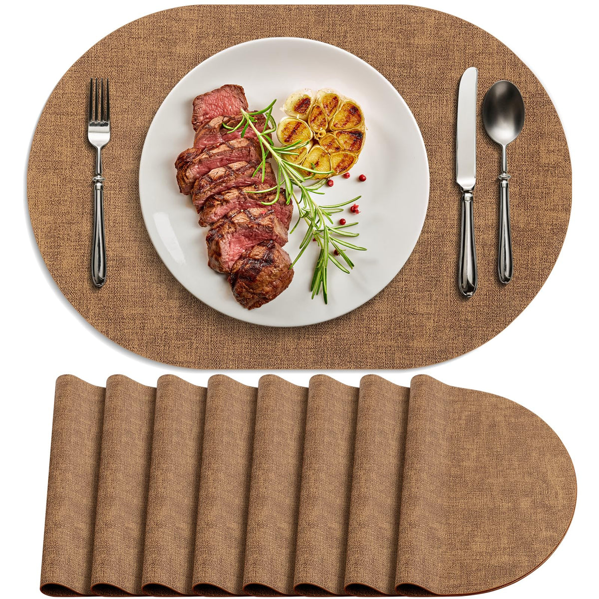 Faux Leather Oval Placemats Set of 4, Beige