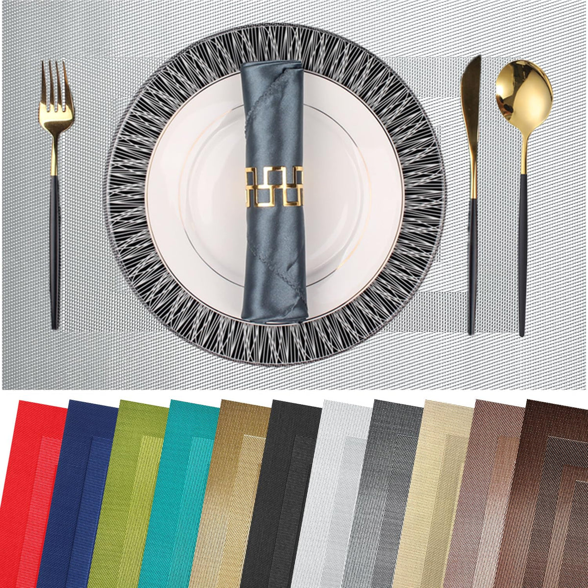 PIGCHCY Placemats,Washable Vinyl Woven Table Mats,Elegant Durable Placemats for Dining Table Set of 4 (18 x 12 inches, Pure Black)