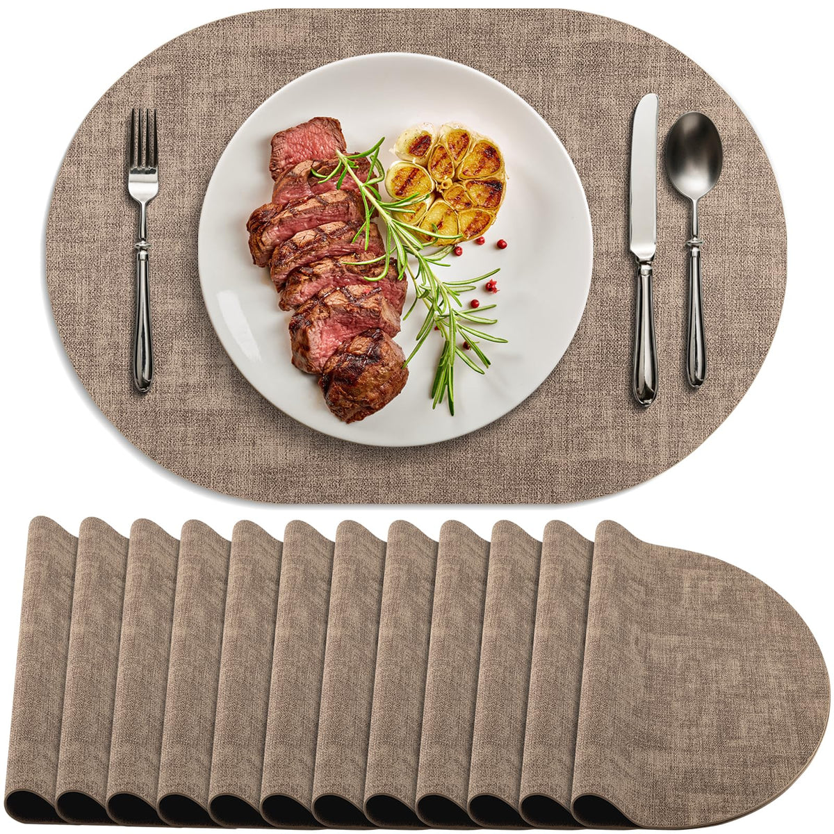 Faux Leather Oval Placemats Set of 8, Beige