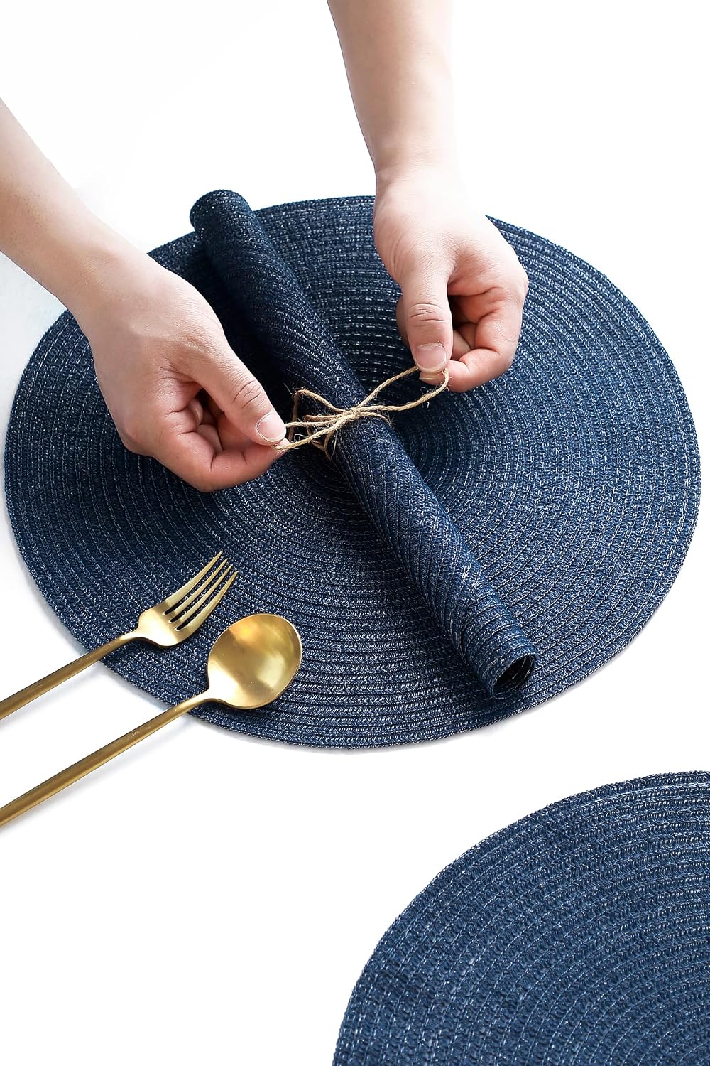 Floroom 15 Inch Round Braided Placemats Set of 4, Washable Heat Resistant Cotton Polyester Circle Place Mats for Kitchen Dining Table - Navy Blue
