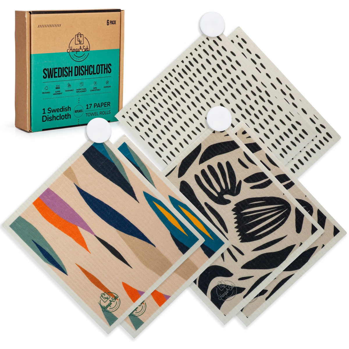 Harps&Seb Swedish Dishcloths for Kitchen Dish Towels - 5 Pack, Non-Scratch Reusable Paper Towels, Super Absorbent Washable Swedish Dish Cloths, No Odor, Biodegradable, Fruit Design
