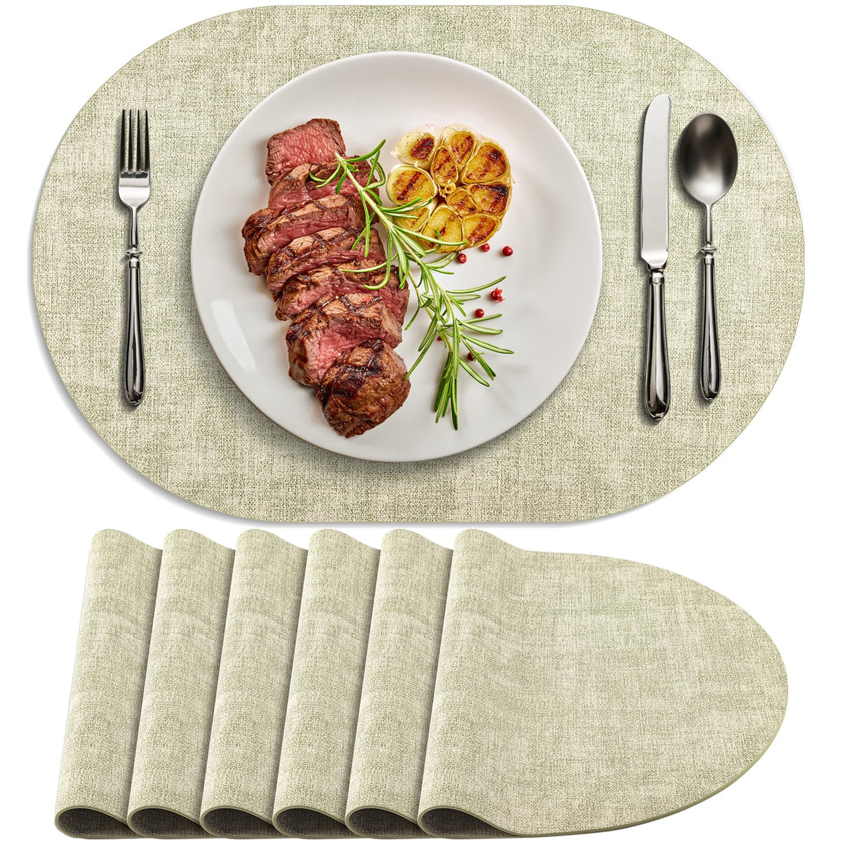 Faux Leather Oval Placemats Set of 8, Beige