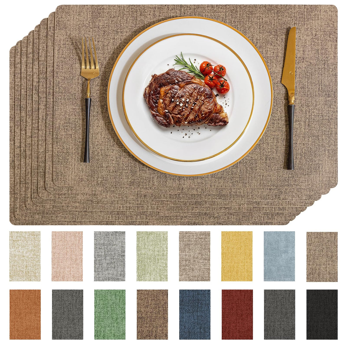 Romanstile Faux Leather Vinyl Placemats Set of 6, Light Grey