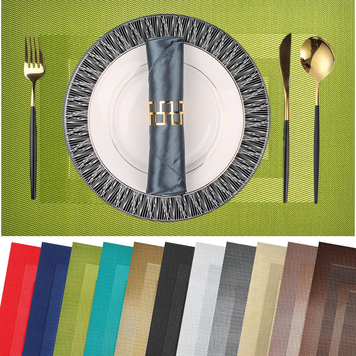 PIGCHCY Placemats,Washable Vinyl Woven Table Mats,Elegant Durable Placemats for Dining Table Set of 4 (18 x 12 inches, Pure Black)