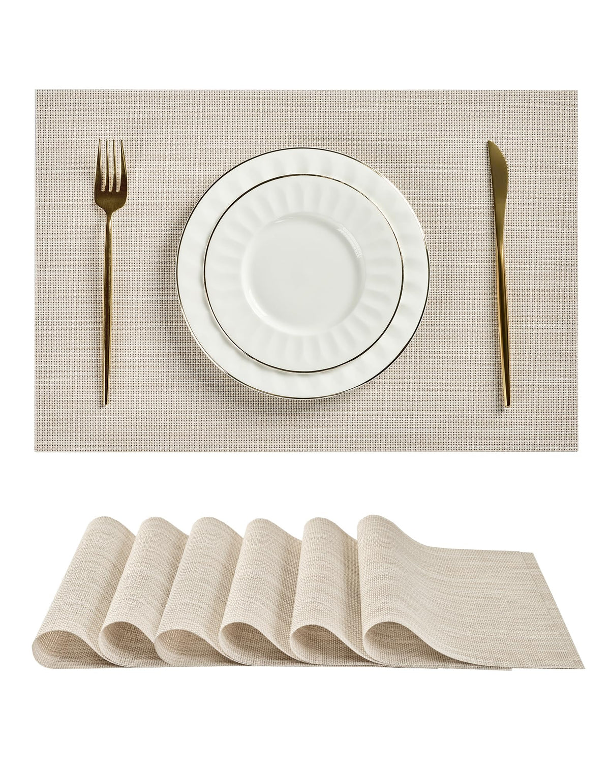 Beige Placemats Set of 8 - Heat-Resistant, Non-Slip Table Mats, Washable Woven Vinyl for Indoor & Outdoor Dining