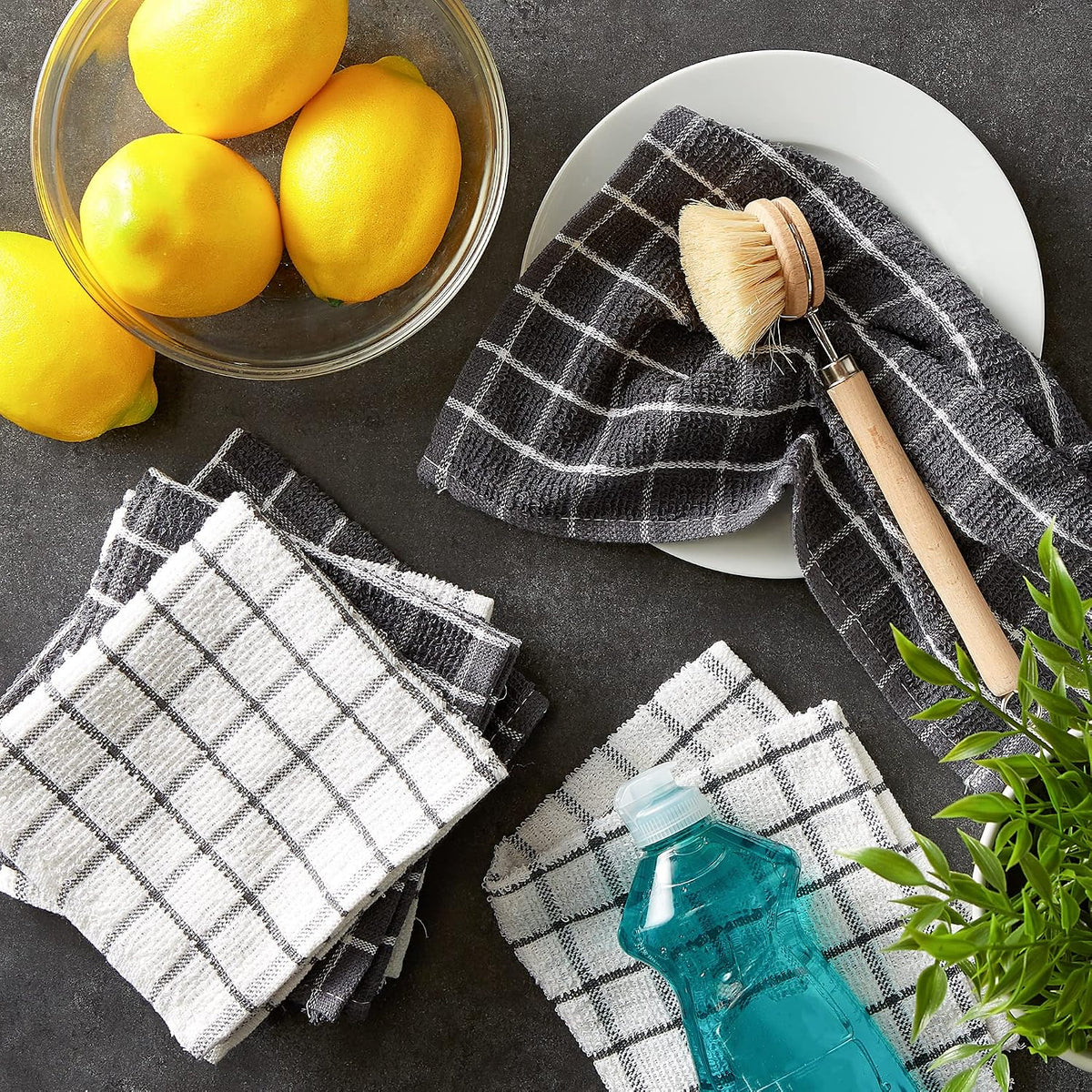 DII Basic Terry Collection Windowpane Dishcloth Set, 12x12, Gray, 6 Piece