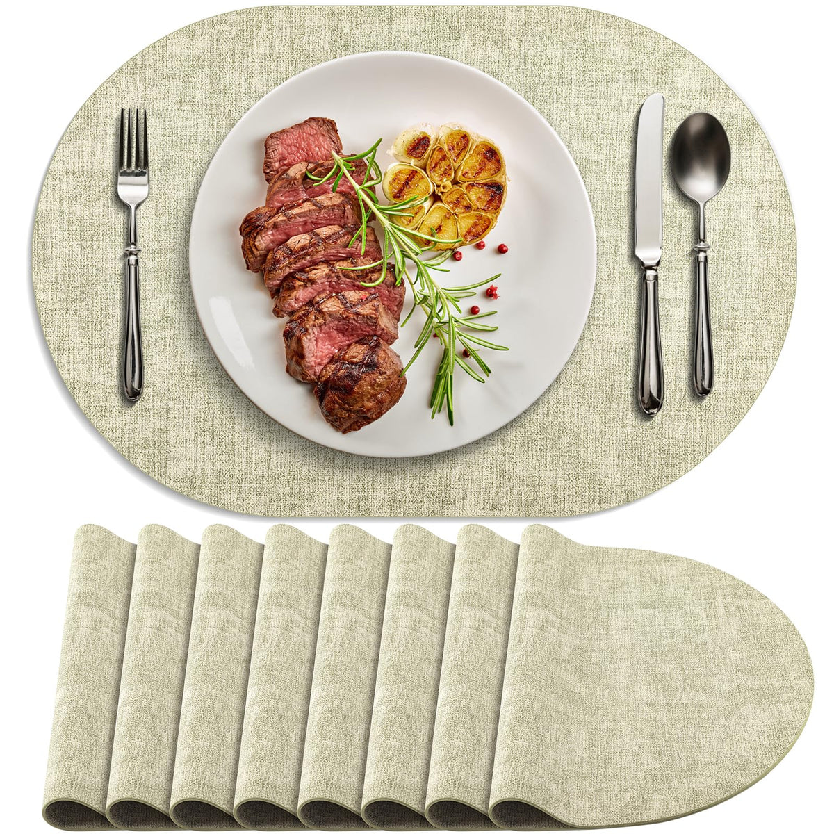 Faux Leather Oval Placemats Set of 4, Beige