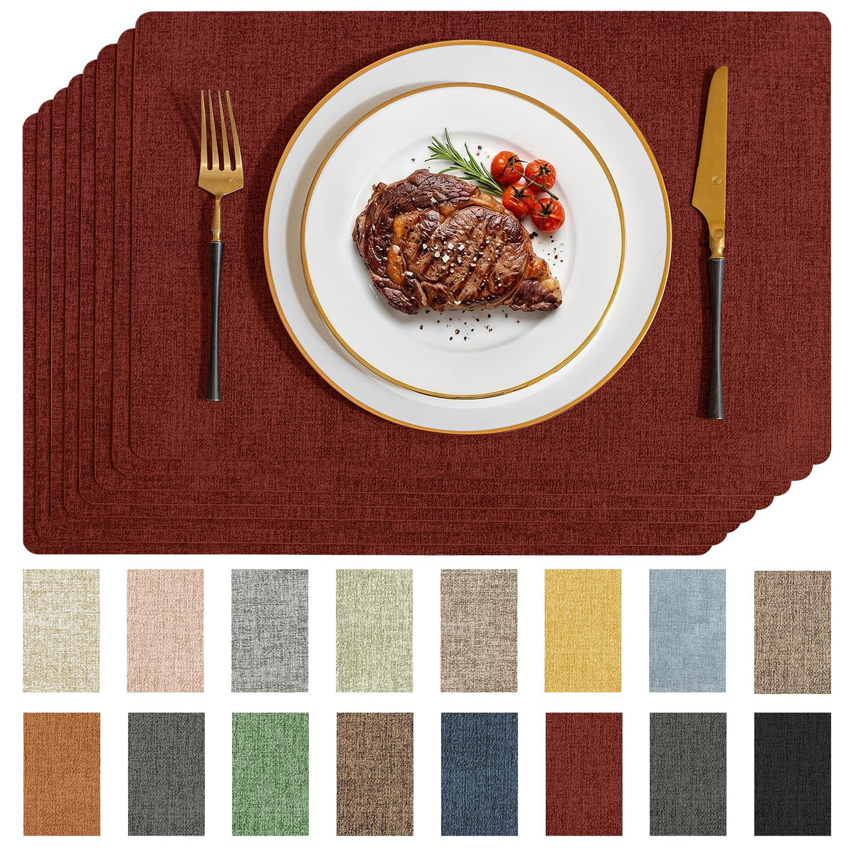 Romanstile Faux Leather Vinyl Placemats Set of 6, Light Grey