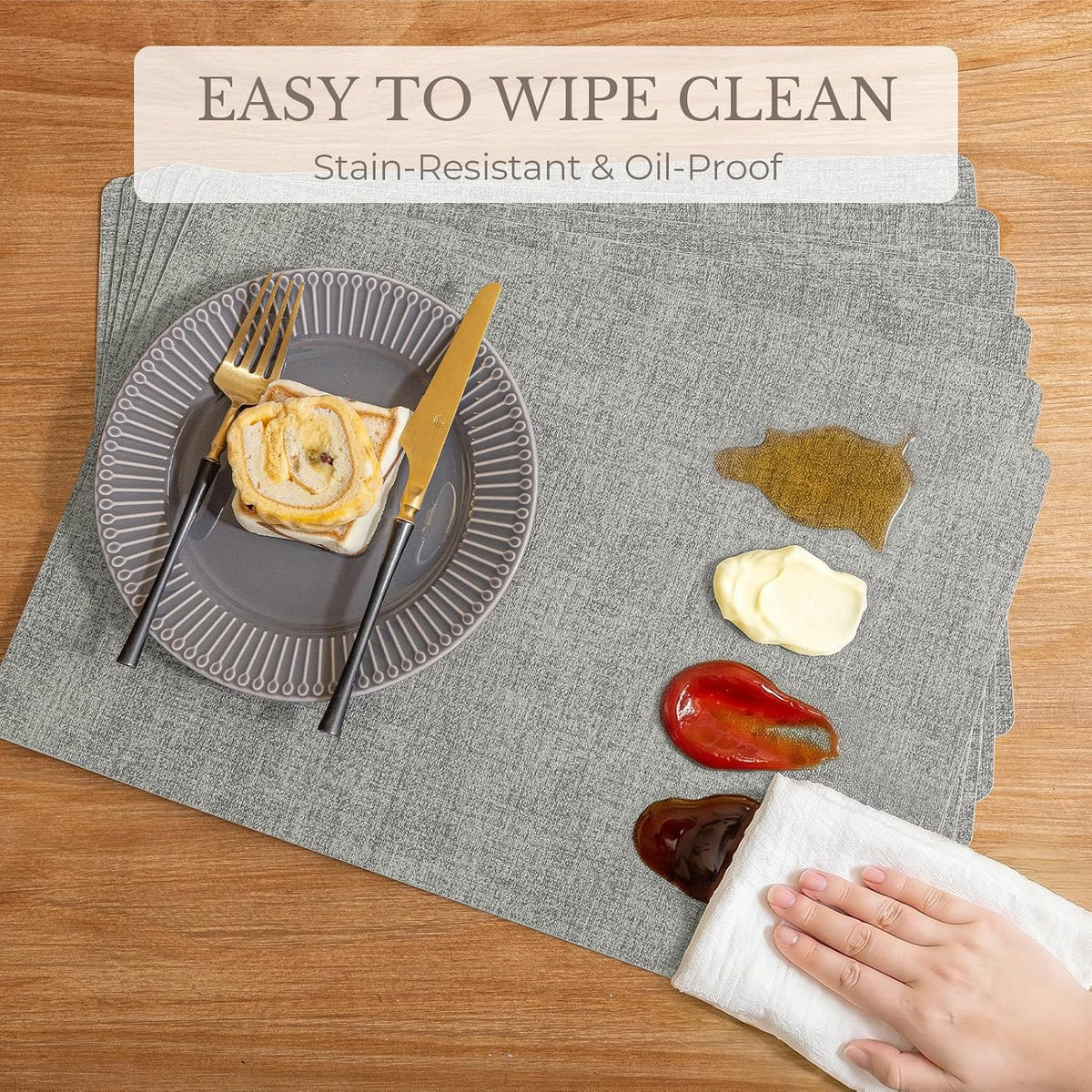 Romanstile Faux Leather Vinyl Placemats Set of 6, Light Grey