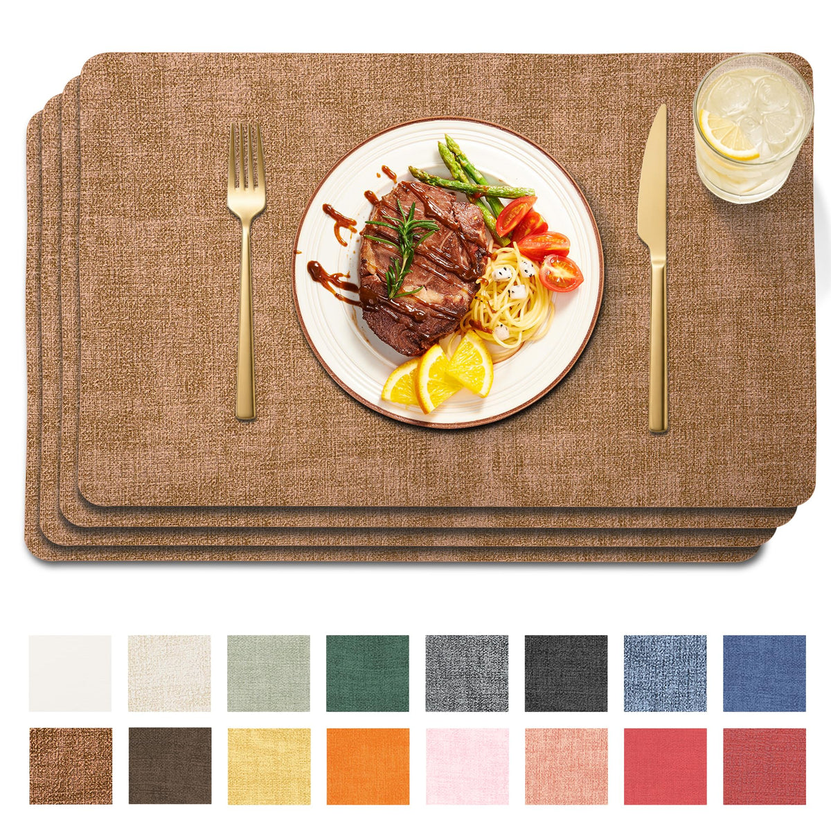 Maxpearl Faux Leather Placemats Set of 6, Easy to Clean, Brown