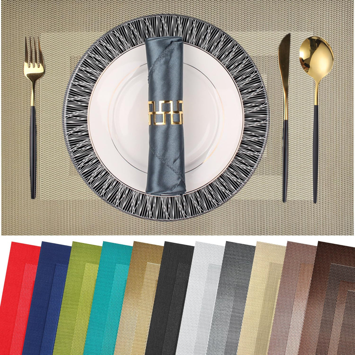PIGCHCY Placemats,Washable Vinyl Woven Table Mats,Elegant Durable Placemats for Dining Table Set of 4 (18 x 12 inches, Pure Black)
