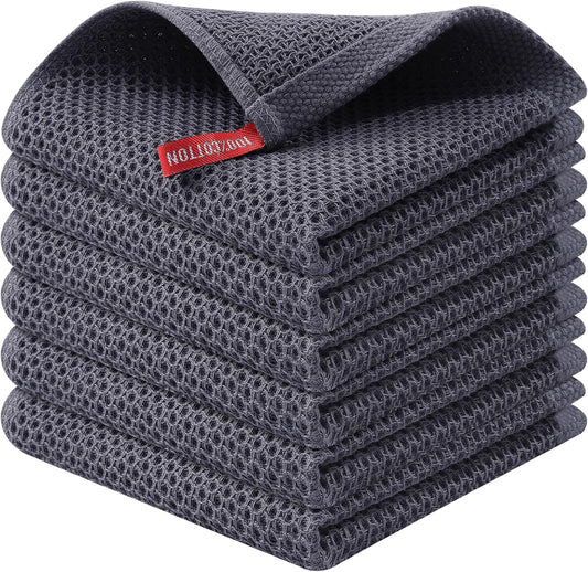 Kitinjoy 100% Cotton Waffle 6-Pack Kitchen Towels, 12" x 12", Dark Grey