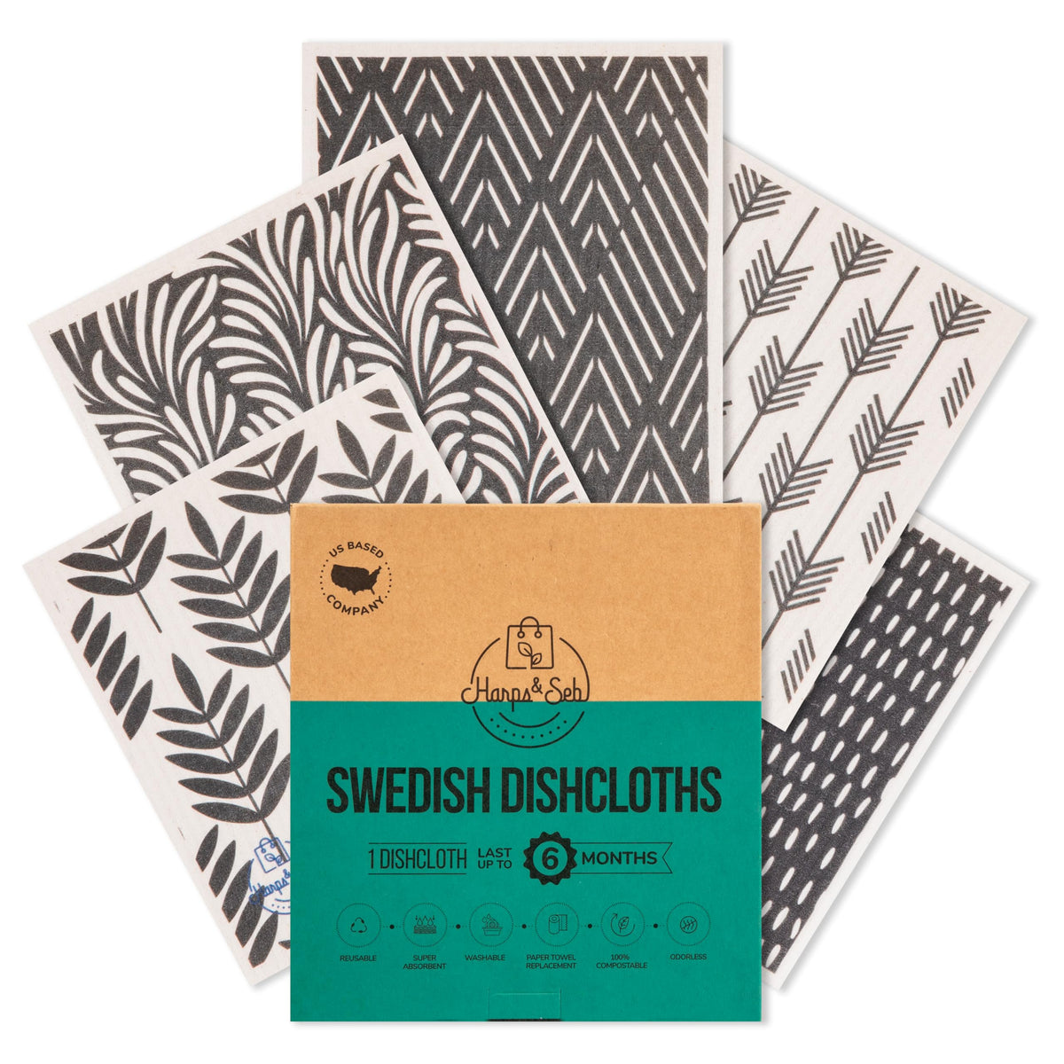 Harps&Seb Swedish Dishcloths for Kitchen Dish Towels - 5 Pack, Non-Scratch Reusable Paper Towels, Super Absorbent Washable Swedish Dish Cloths, No Odor, Biodegradable, Fruit Design