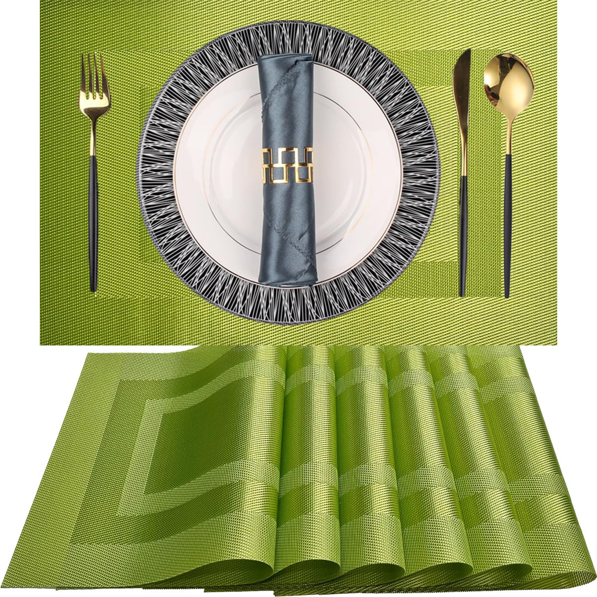PIGCHCY Placemats,Washable Vinyl Woven Table Mats,Elegant Durable Placemats for Dining Table Set of 4 (18 x 12 inches, Pure Black)