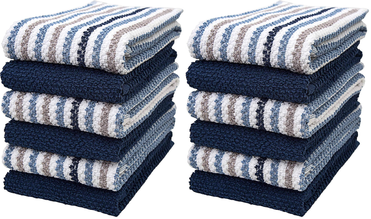 Bumble Dish Cloths 8-Pack, Cotton Kitchen Towels, 12"x12" Blue Wide Stripes
