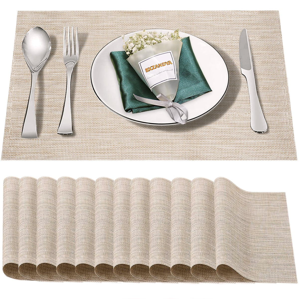 Beige Vinyl Placemats Set of 8,Washable Dining PVC Table Mats