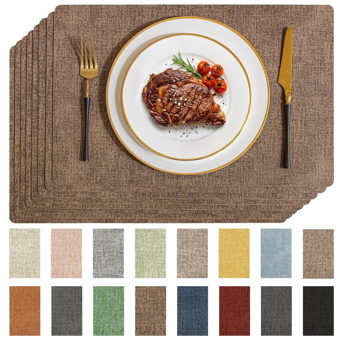 Romanstile Faux Leather Vinyl Placemats Set of 6, Light Grey