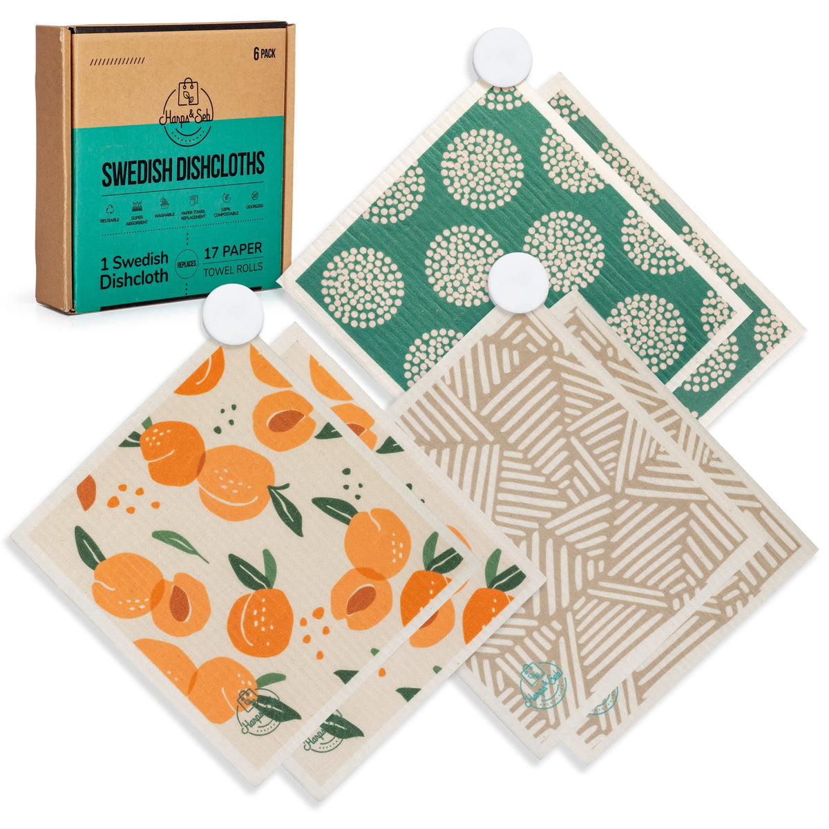 Harps&Seb Swedish Dishcloths for Kitchen Dish Towels - 5 Pack, Non-Scratch Reusable Paper Towels, Super Absorbent Washable Swedish Dish Cloths, No Odor, Biodegradable, Fruit Design