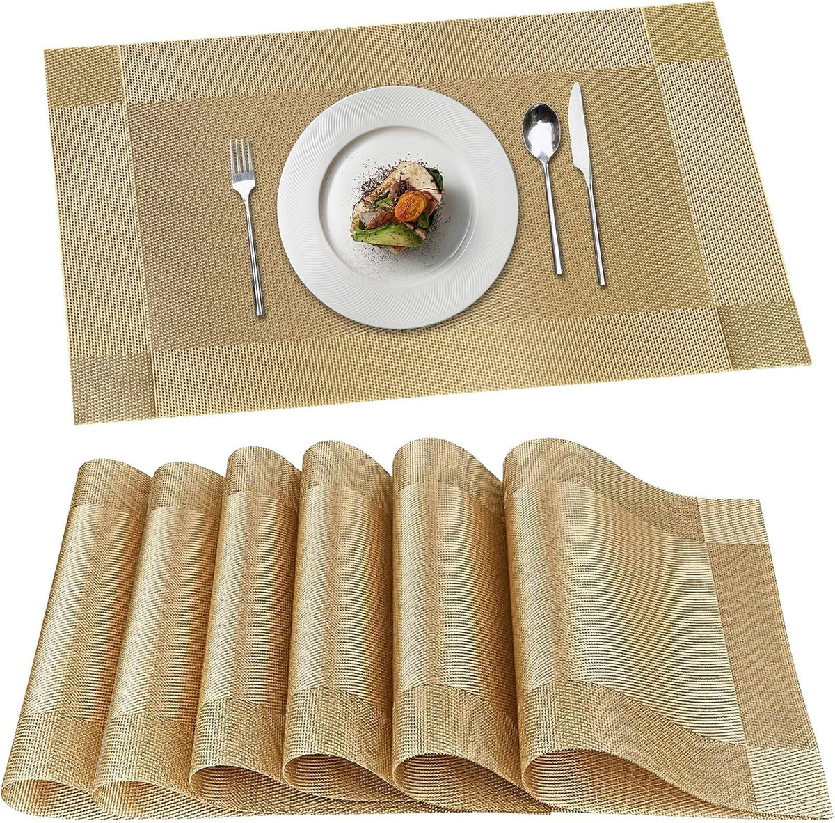 Placemats, Placemats Set of 6, Table Place Mats for Kitchen Dining, Heat-Resistant Anti-Skid Stain Washable PVC Table Mats, Easy to Cleaning Woven Vinyl Dinner Mats (Gold)