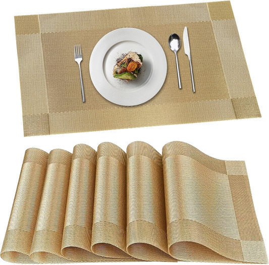 Placemats, Placemats Set of 6, Table Place Mats for Kitchen Dining, Heat-Resistant Anti-Skid Stain Washable PVC Table Mats, Easy to Cleaning Woven Vinyl Dinner Mats (Gold)