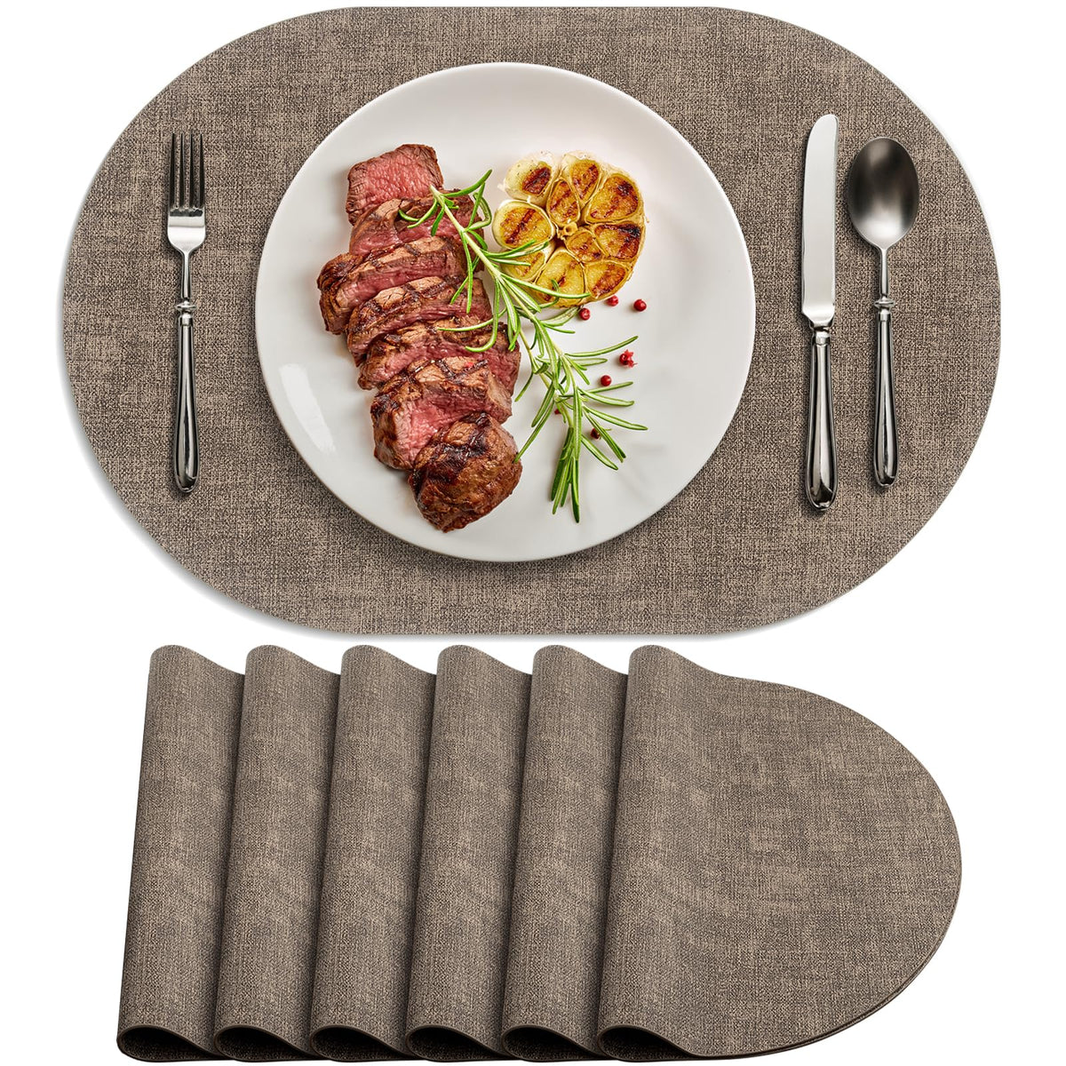 Faux Leather Oval Placemats Set of 4, Beige