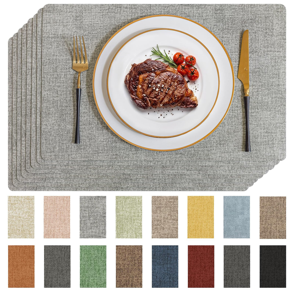 Romanstile Faux Leather Vinyl Placemats Set of 6, Light Grey