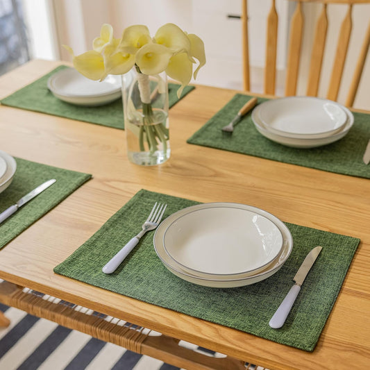 Demetex Cloth Placemats Green Set of 4 Vintage Textured Linen Place Mats Heat Resistant Plate Placemat for Kitchen Dinning Table, Green