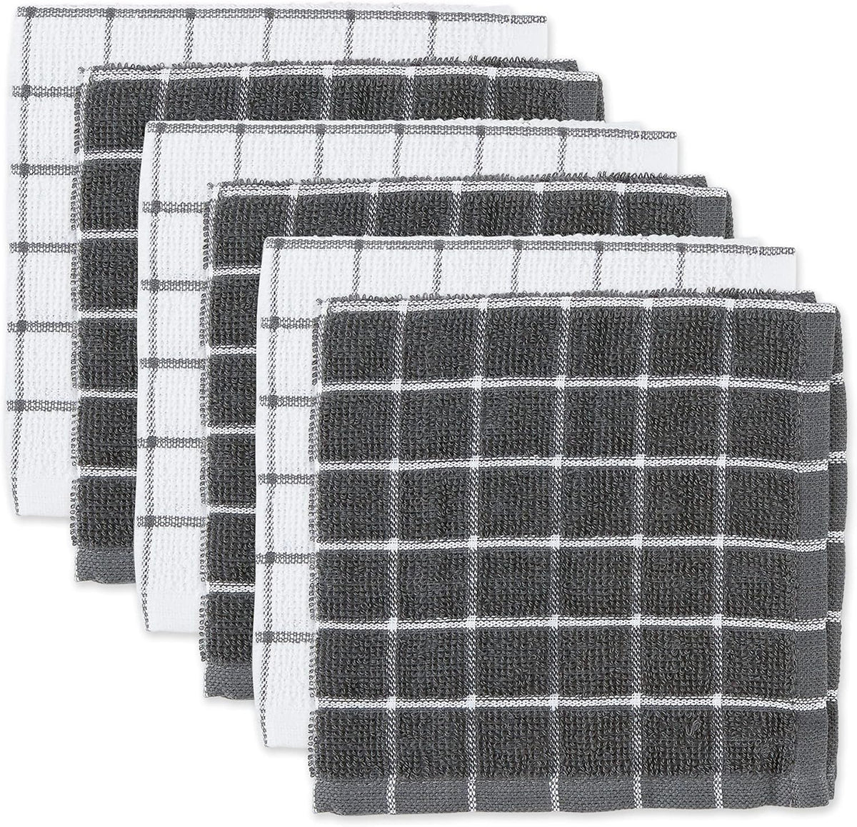 DII Basic Terry Collection Windowpane Dishcloth Set, 12x12, Gray, 6 Piece