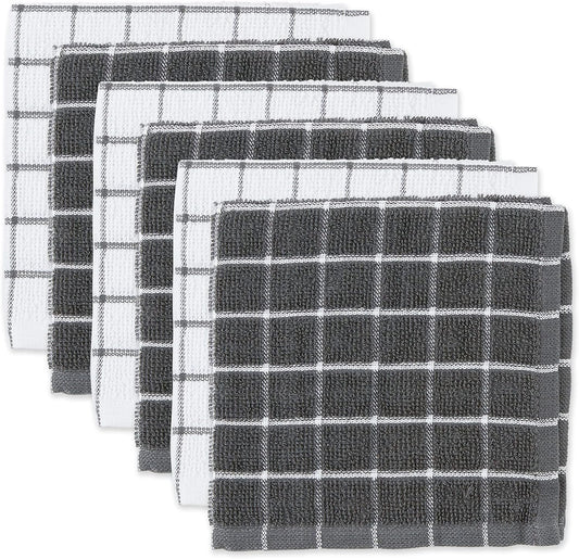 DII Basic Terry Collection Windowpane Dishcloth Set, 12x12, Gray, 6 Piece