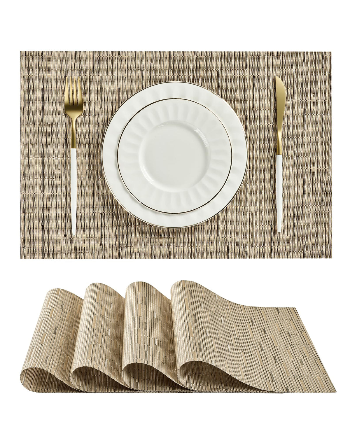 Beige Placemats Set of 8 - Heat-Resistant, Non-Slip Table Mats, Washable Woven Vinyl for Indoor & Outdoor Dining